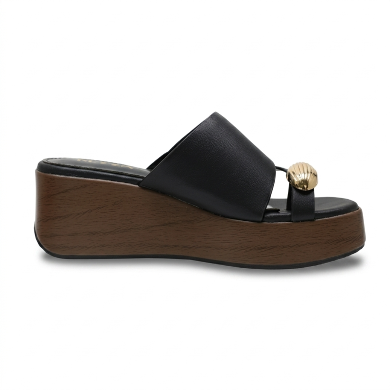 Mules Compensées Femme à Entredoigt et Détail Doré Chic