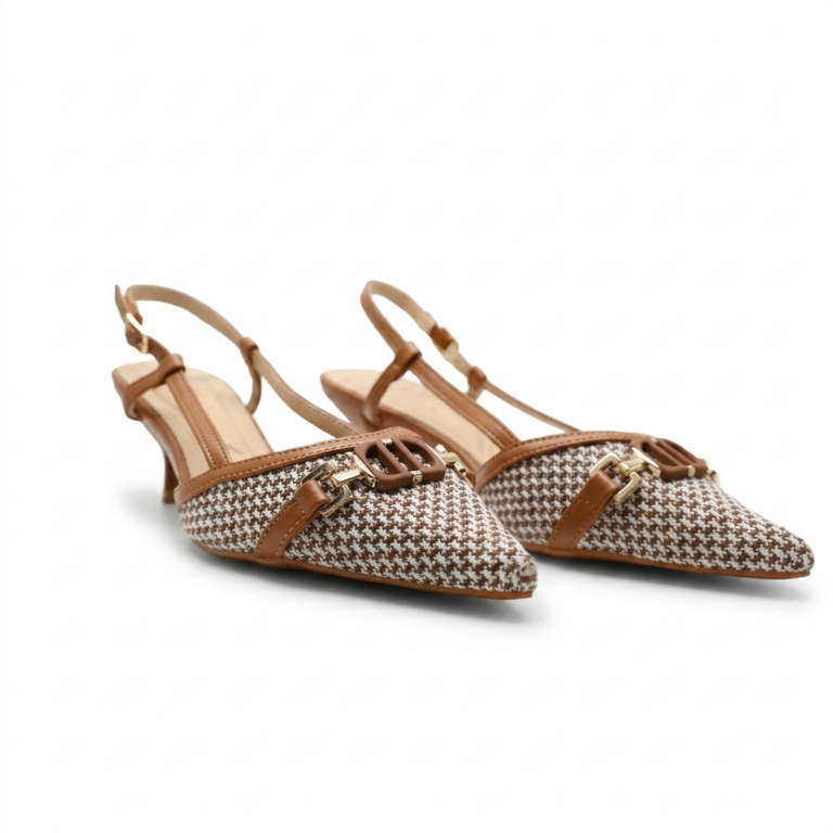 Escarpins Slingback Femme Pied-de-Poule à Petit Talon Chic