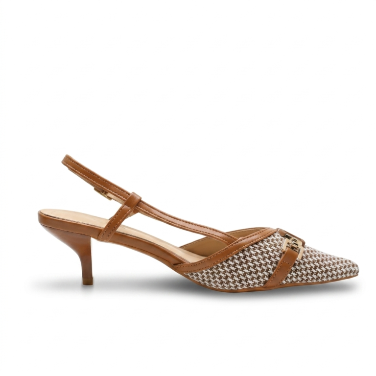 Escarpins Slingback Femme Pied-de-Poule à Petit Talon Chic
