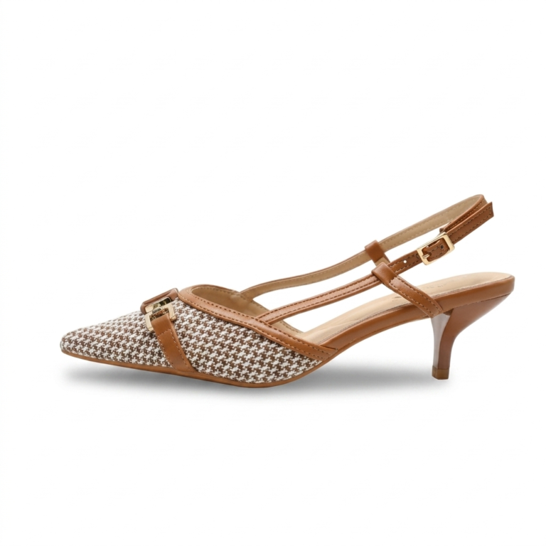 Escarpins Slingback Femme Pied-de-Poule à Petit Talon Chic