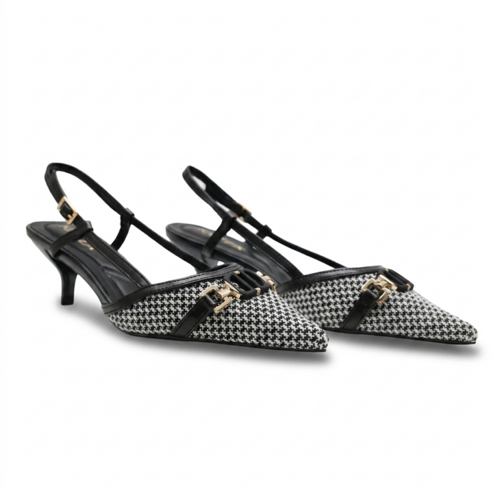 Escarpins Slingback Femme Pied-de-Poule à Petit Talon Chic