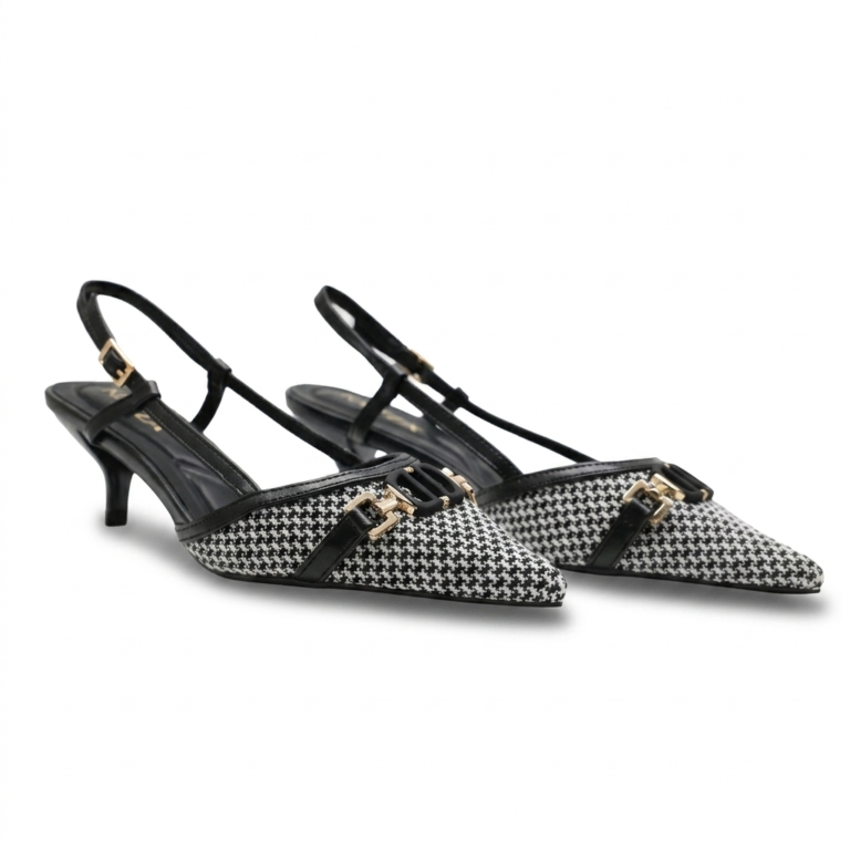 Escarpins Slingback Femme Pied-de-Poule à Petit Talon Chic