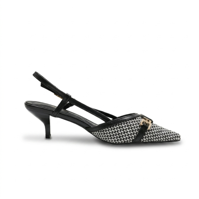 Escarpins Slingback Femme Pied-de-Poule à Petit Talon Chic