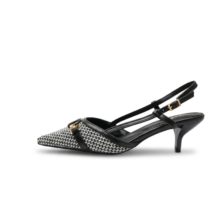 Escarpins Slingback Femme Pied-de-Poule à Petit Talon Chic