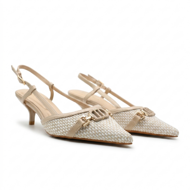 Escarpins Slingback Femme Pied-de-Poule à Petit Talon Chic
