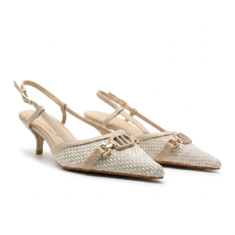 Escarpins Slingback Femme Pied-de-Poule à Petit Talon Chic