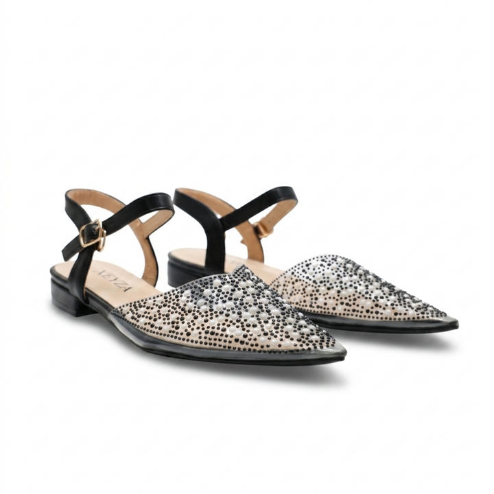 Sandales Plates Femme à Strass et Perles avec Bride Cheville