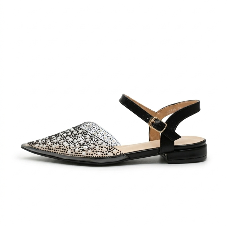 Sandales Plates Femme à Strass et Perles avec Bride Cheville