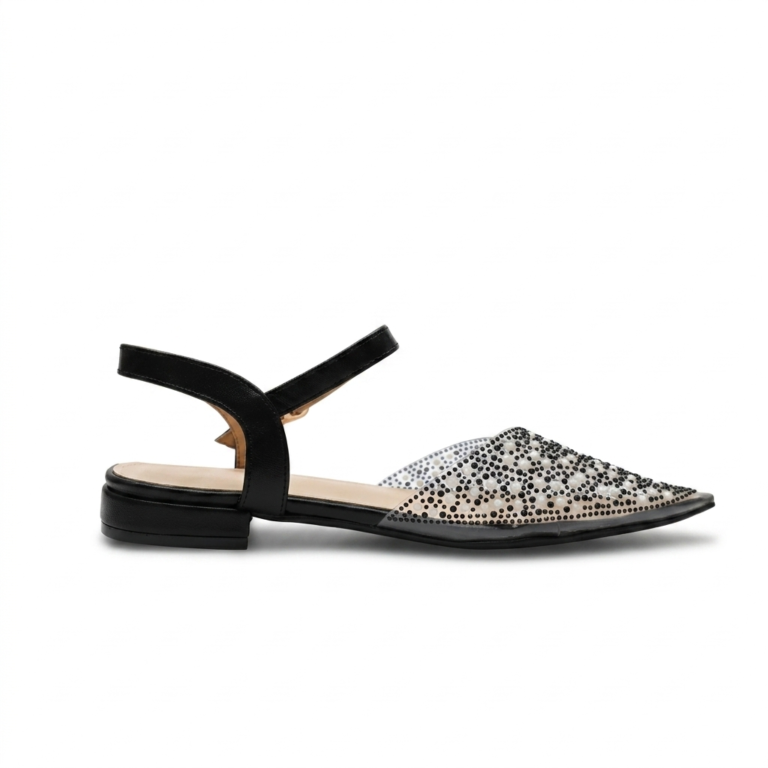 Sandales Plates Femme à Strass et Perles avec Bride Cheville