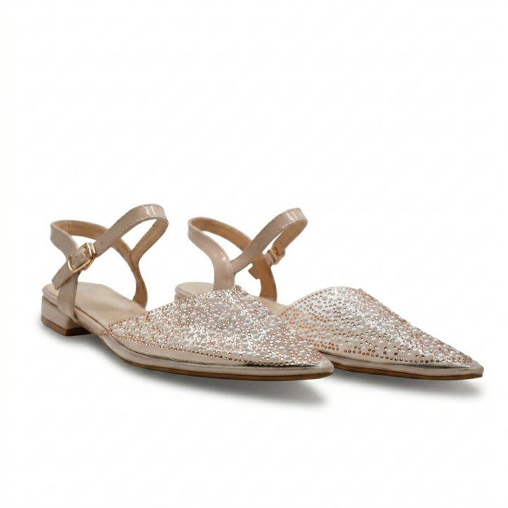 Sandales Plates Femme à Strass et Perles avec Bride Cheville