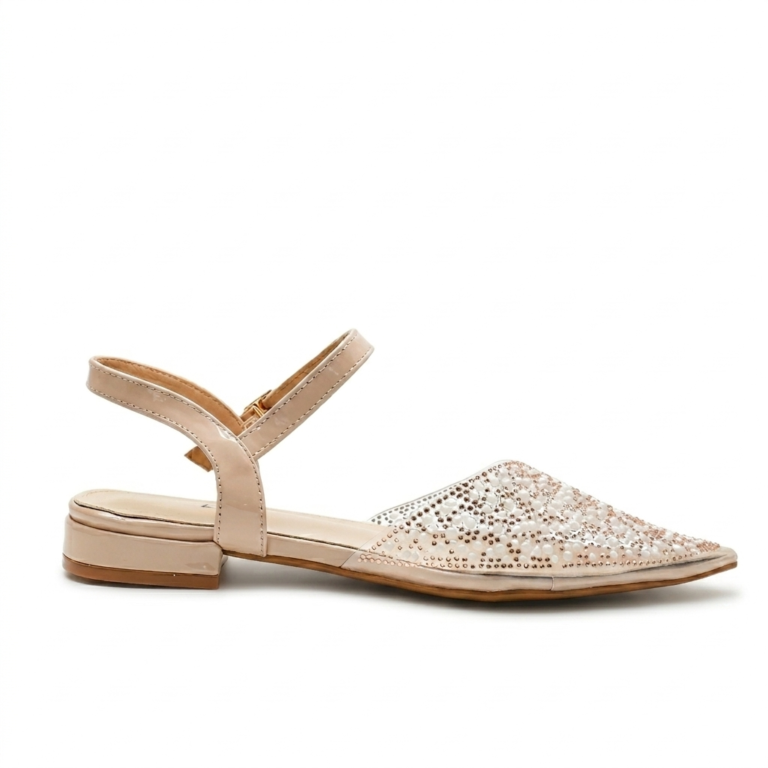 Sandales Plates Femme à Strass et Perles avec Bride Cheville