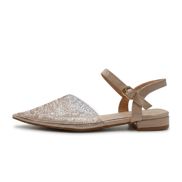 Sandales Plates Femme à Strass et Perles avec Bride Cheville