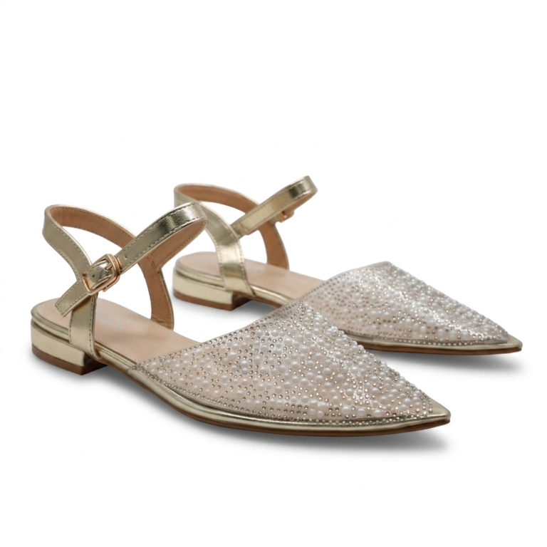 Sandales Plates Femme à Strass et Perles avec Bride Cheville