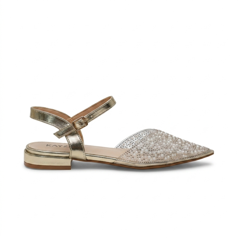 Sandales Plates Femme à Strass et Perles avec Bride Cheville