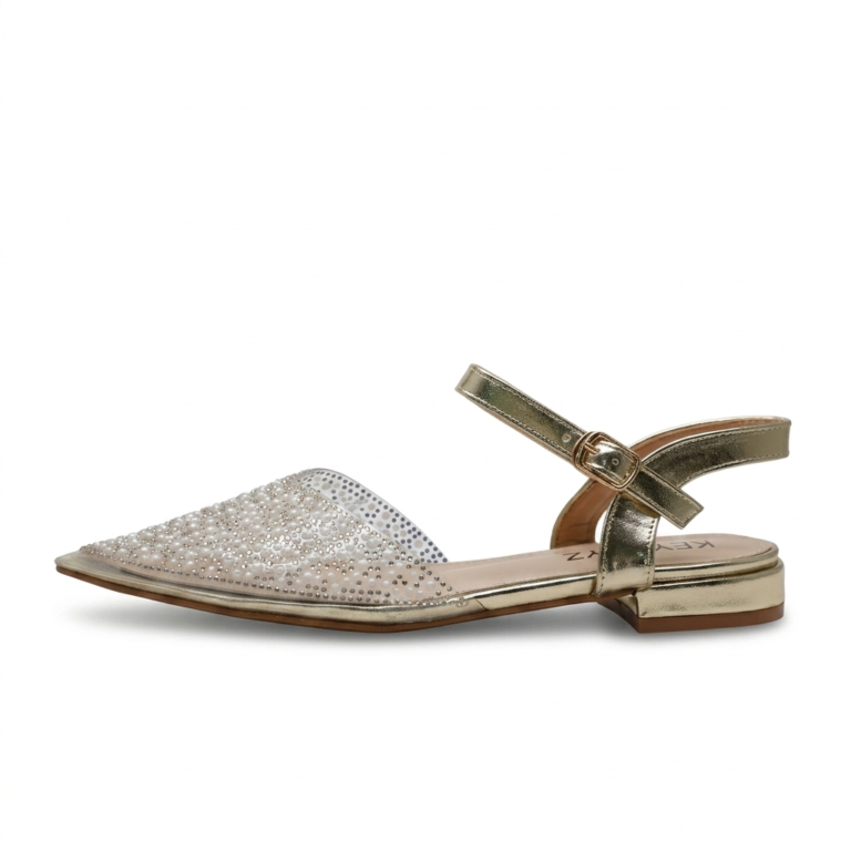 Sandales Plates Femme à Strass et Perles avec Bride Cheville