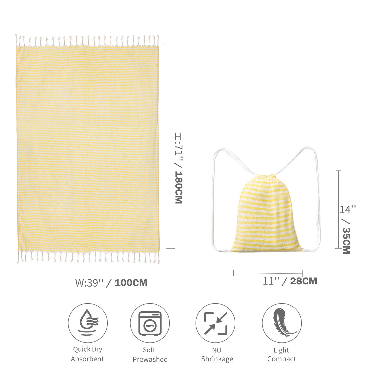 Serviette plage coton turc 100x180 cm avec sac