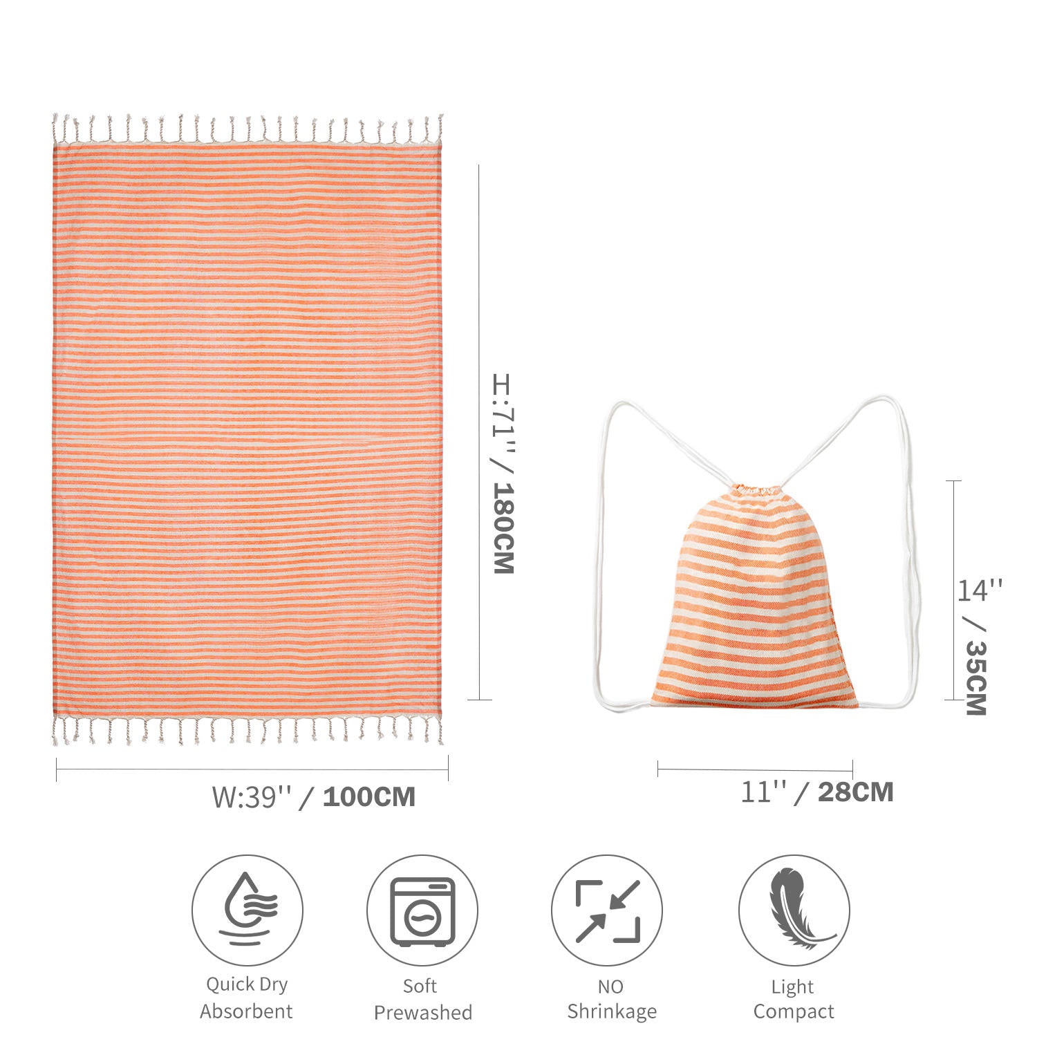 Serviette plage coton turc 100x180 cm avec sac