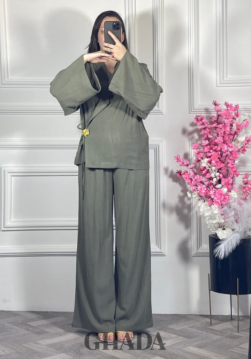 Ensemble avec pantalon en lin  - Vert kaki