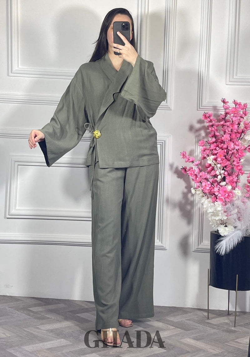 Ensemble avec pantalon en lin  - Vert kaki