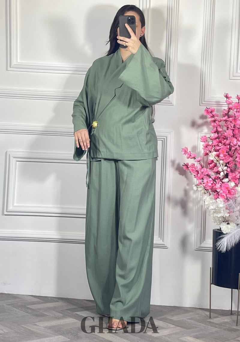 Ensemble avec pantalon en lin  - Vert sauge