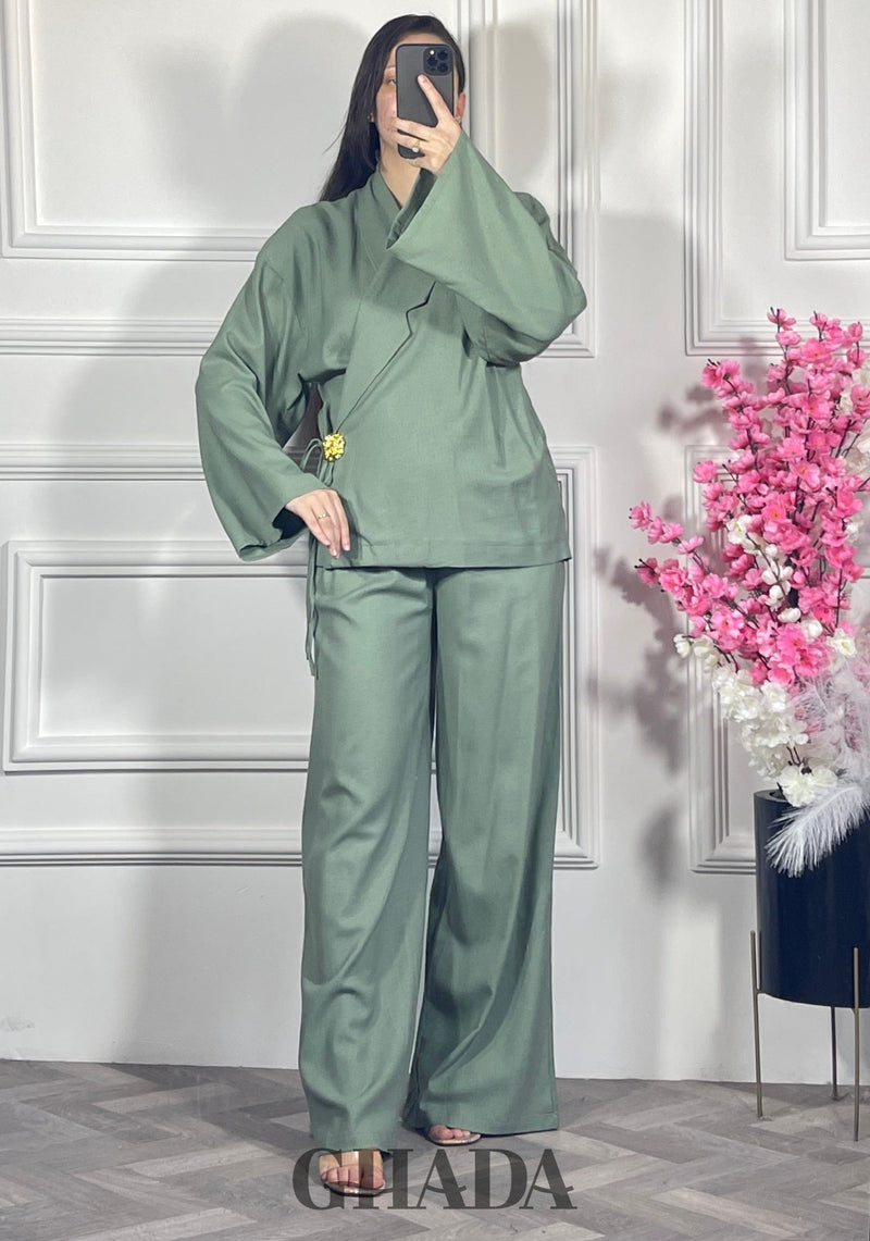 Ensemble avec pantalon en lin  - Vert sauge