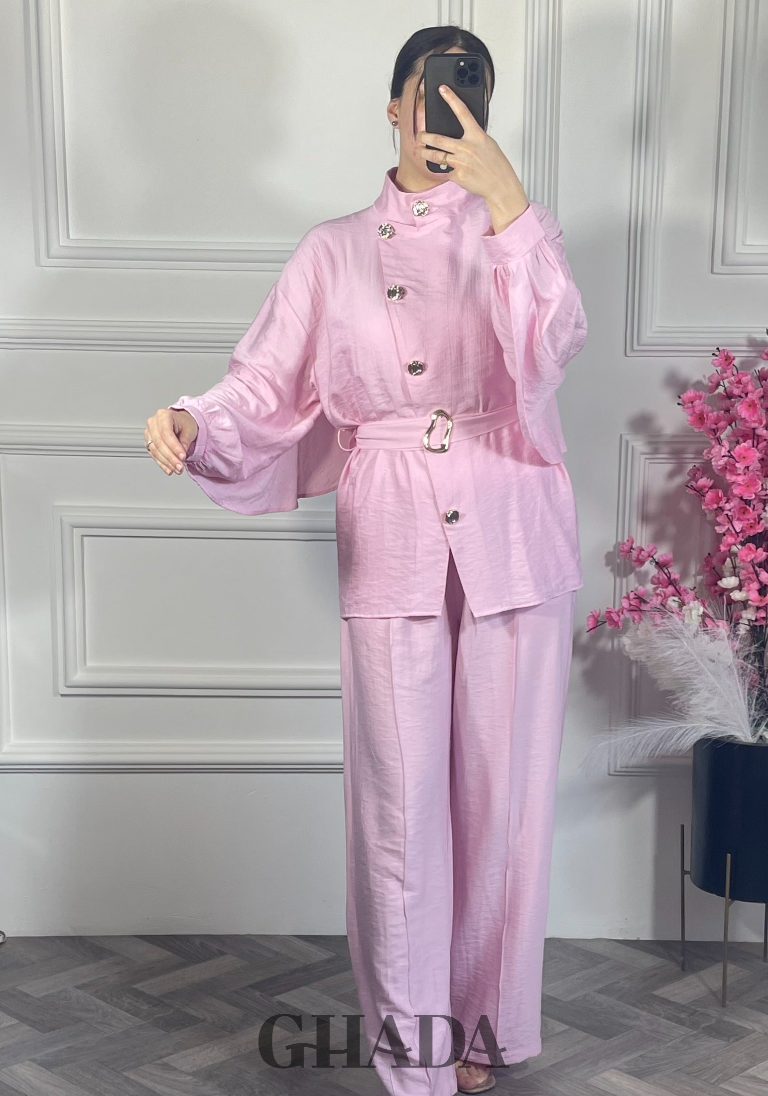 Ensemble avec pantalon - Rose vue de face - ensemble femme - GHADA FASHION