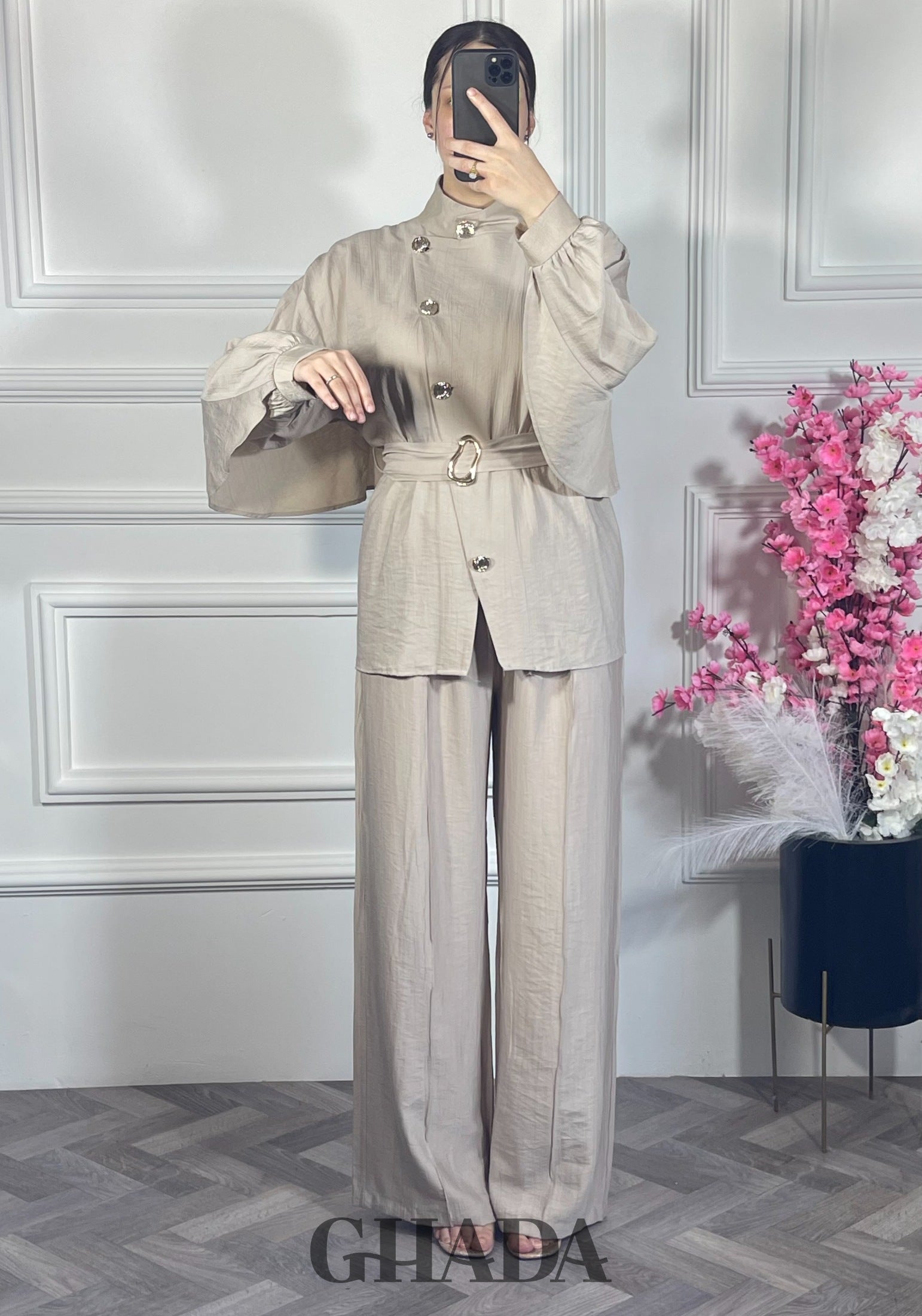 Ensemble avec pantalon - Beige détail broderie - ensemble femme - GHADA FASHION