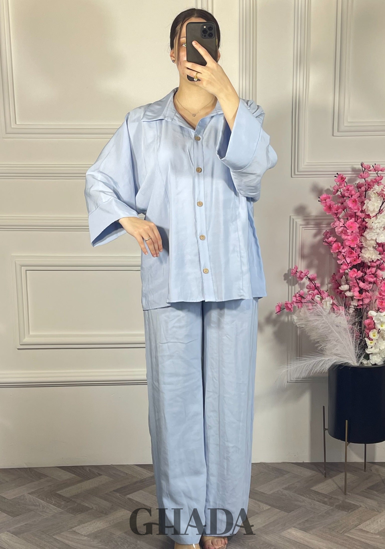 Ensemble avec pantalon - Bleu ciel vue de face - ensemble femme - GHADA FASHION