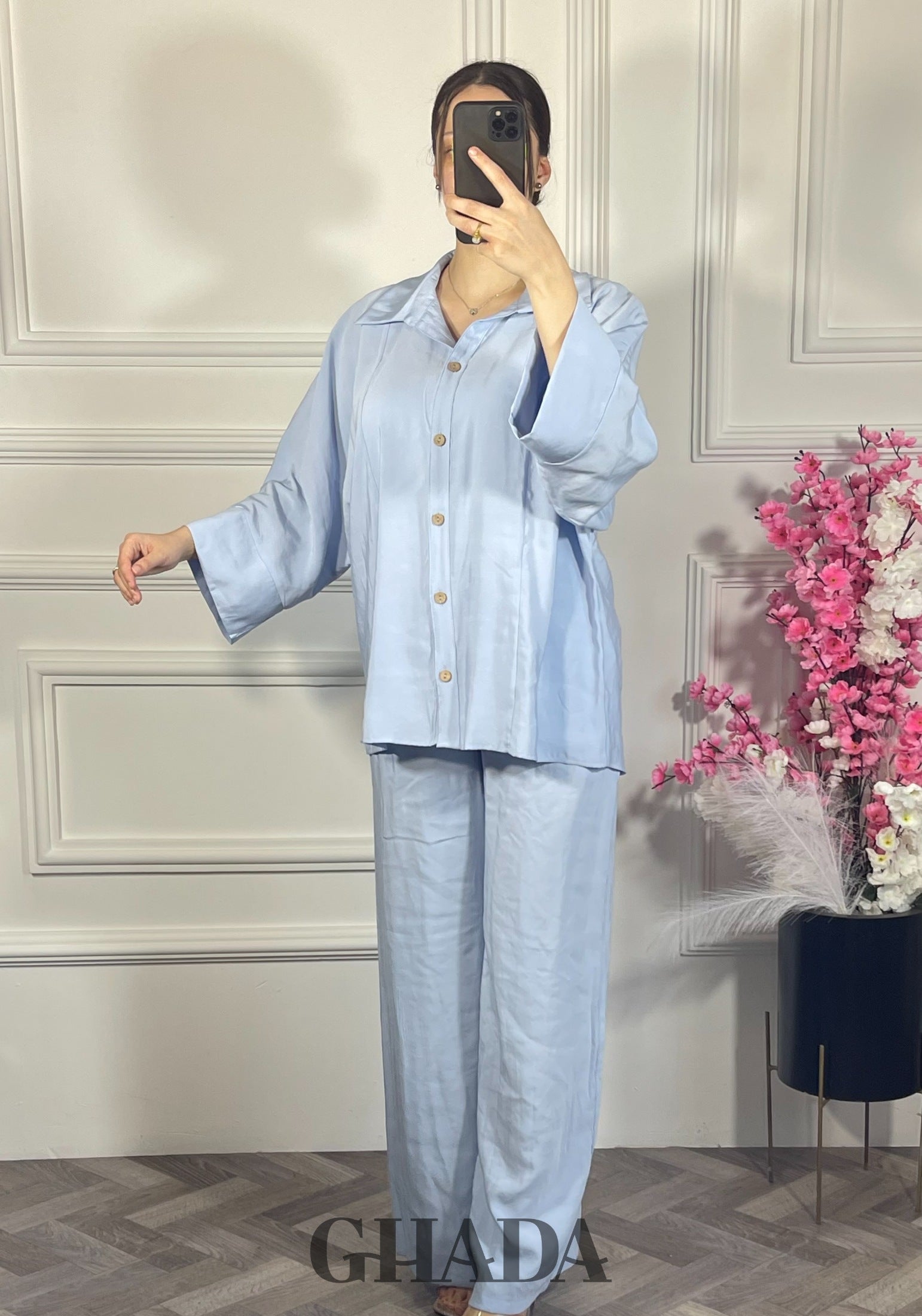 Ensemble avec pantalon - Bleu ciel détail broderie - ensemble femme - GHADA FASHION