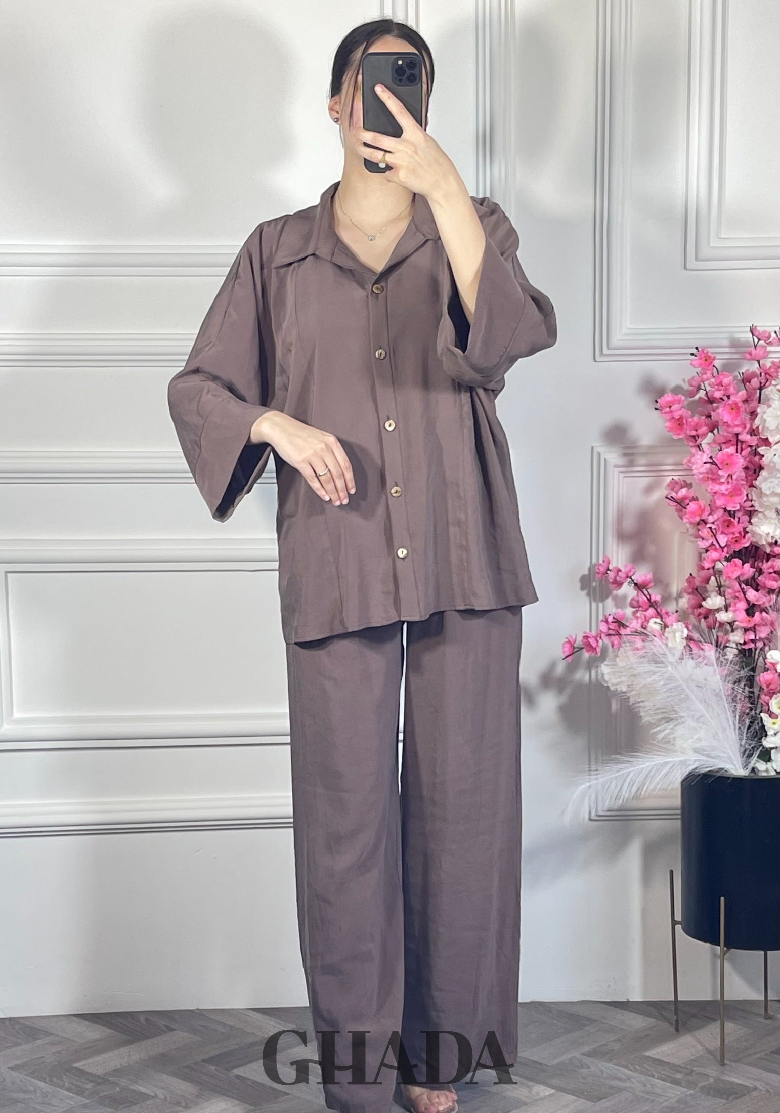Ensemble avec pantalon - Marron détail broderie - ensemble femme - GHADA FASHION