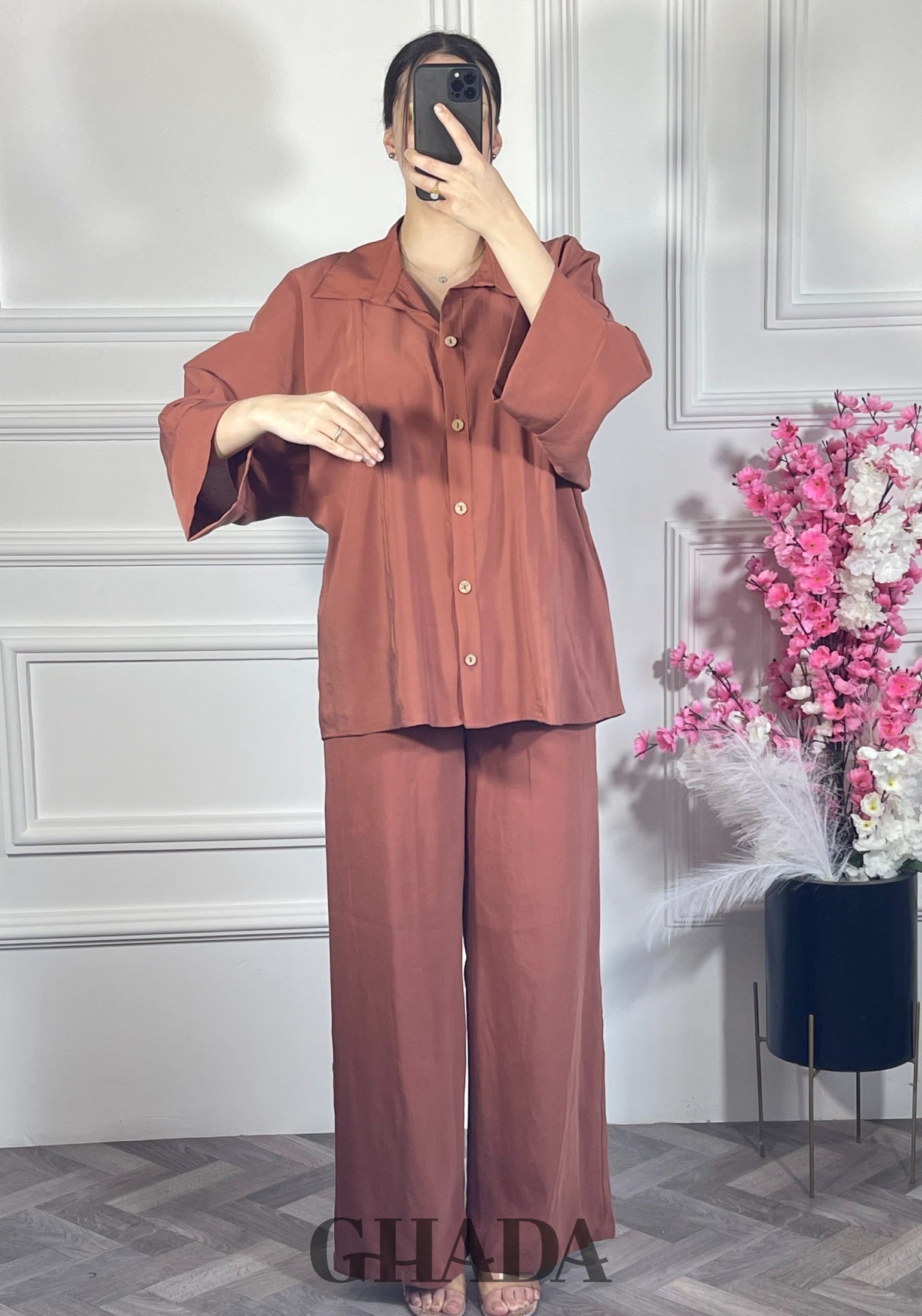 Ensemble avec pantalon - Rouge brique détail broderie - ensemble femme - GHADA FASHION