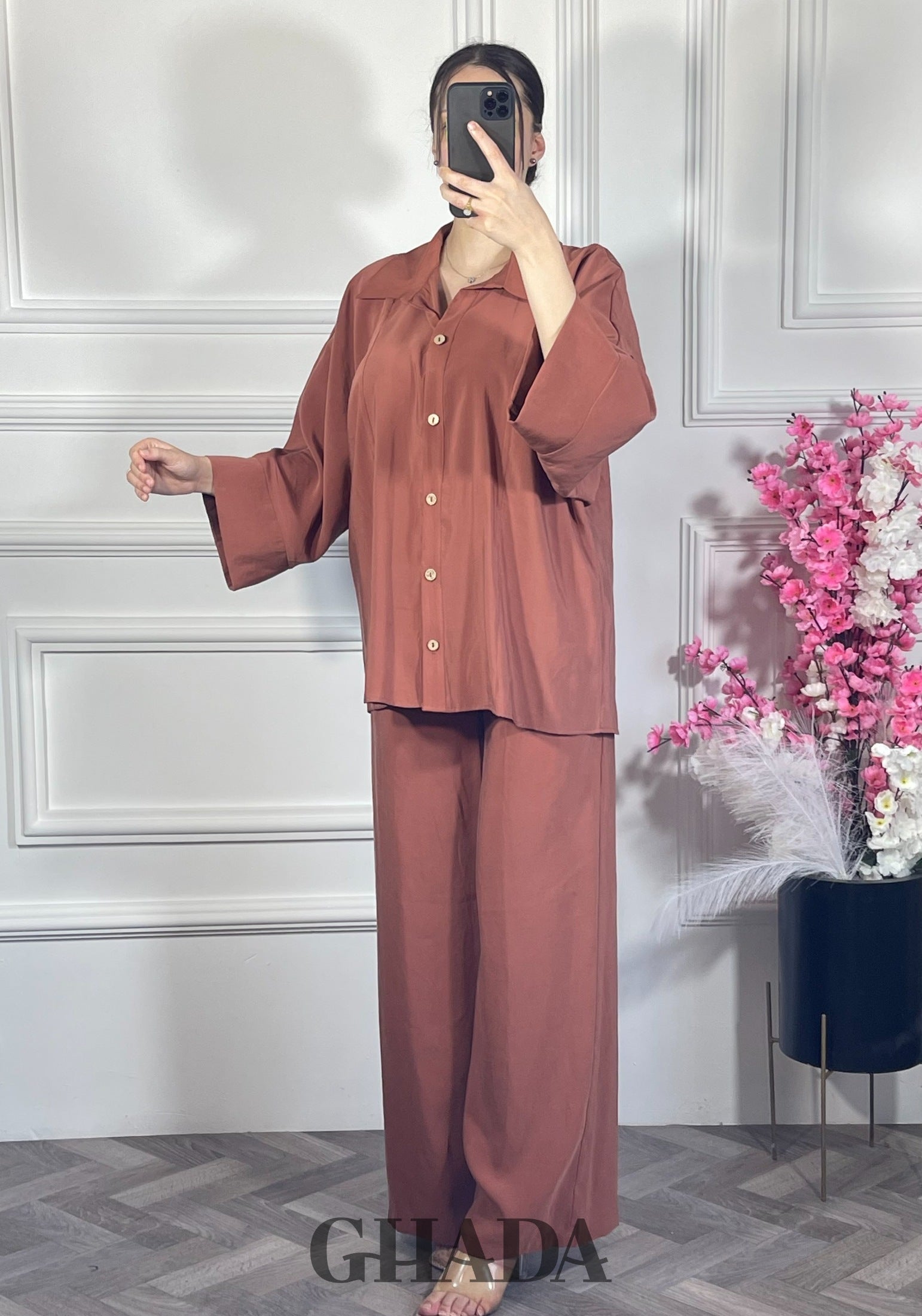 Ensemble avec pantalon - Rouge brique vue complète - ensemble femme - GHADA FASHION