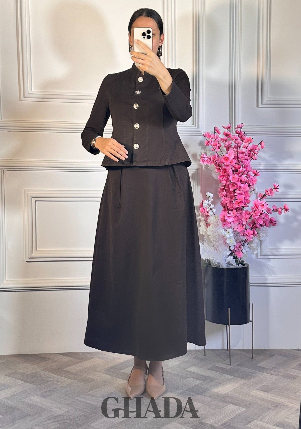 Ensemble veste boutonnée avec jupe - marron chocolat vue de dos - ensemble femme - GHADA FASHION