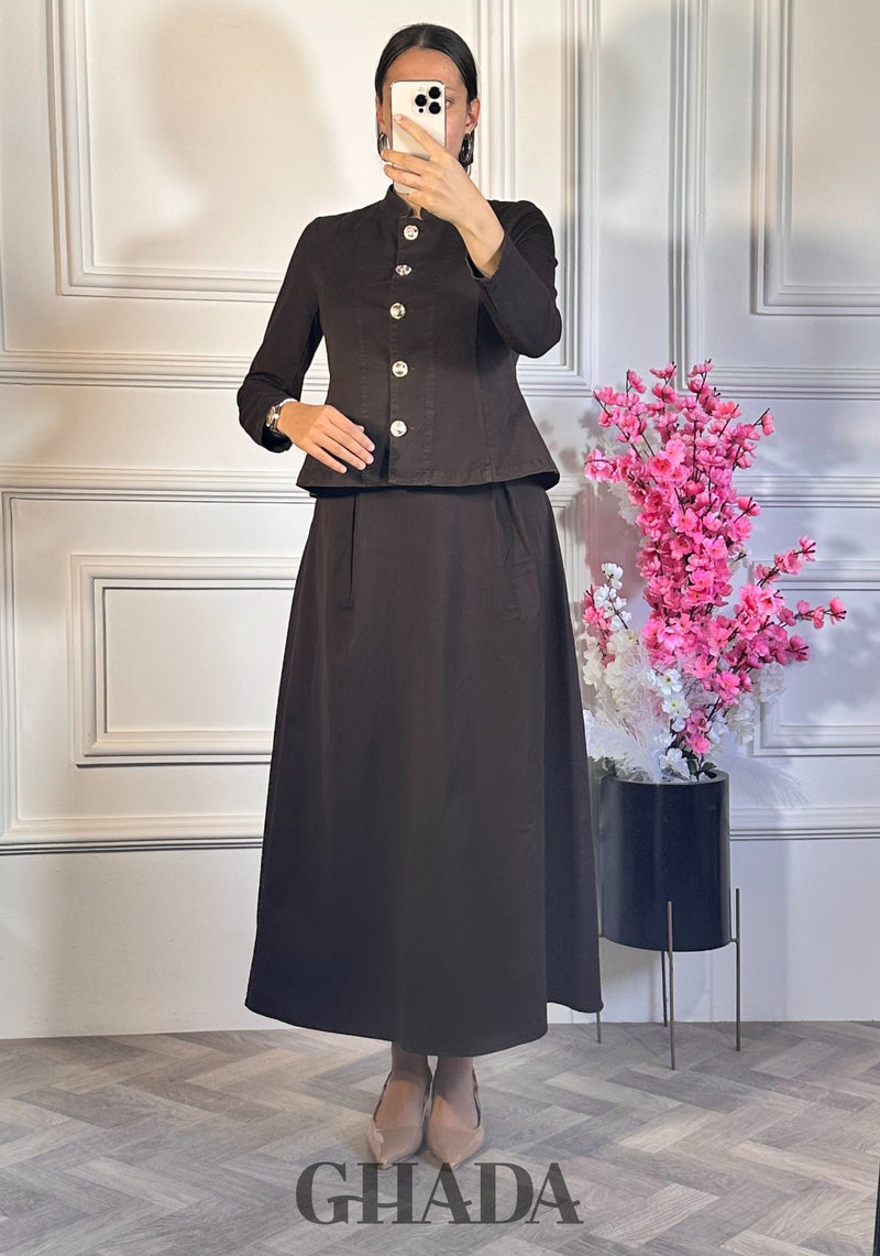 Ensemble veste boutonnée avec jupe - marron chocolat