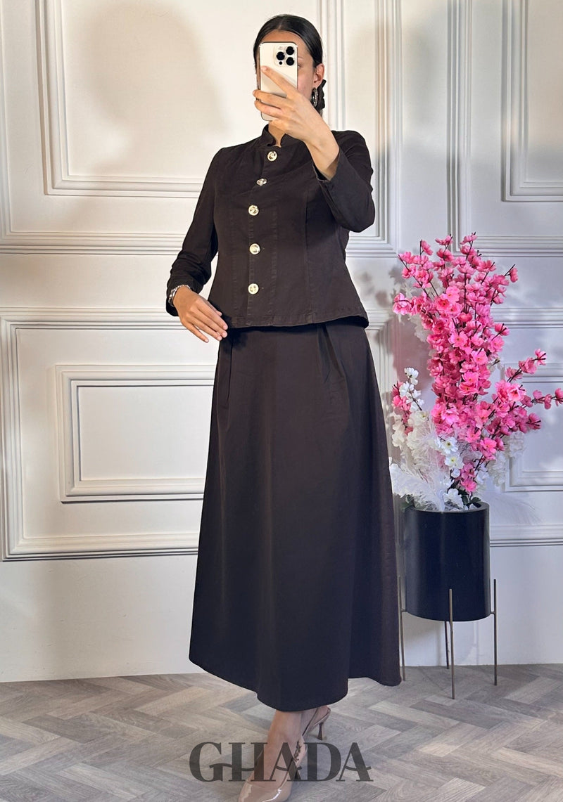 Ensemble veste boutonnée avec jupe - marron chocolat