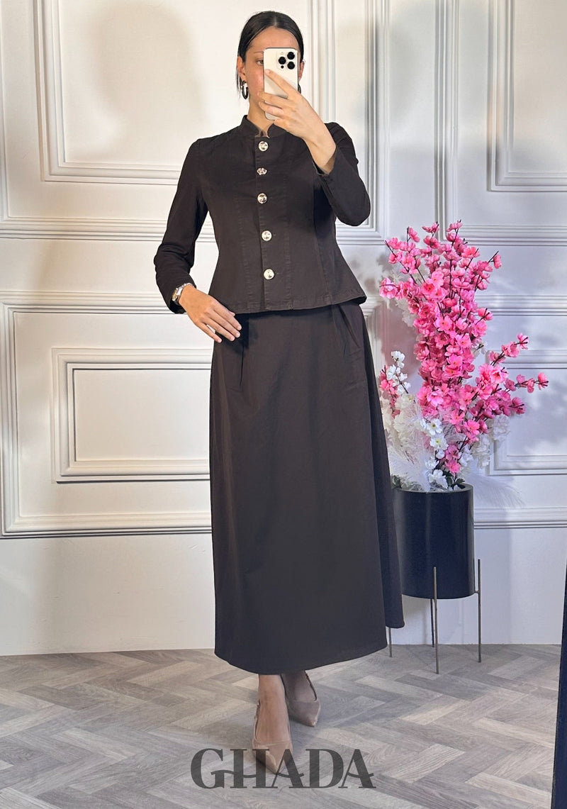 Ensemble veste boutonnée avec jupe - marron chocolat