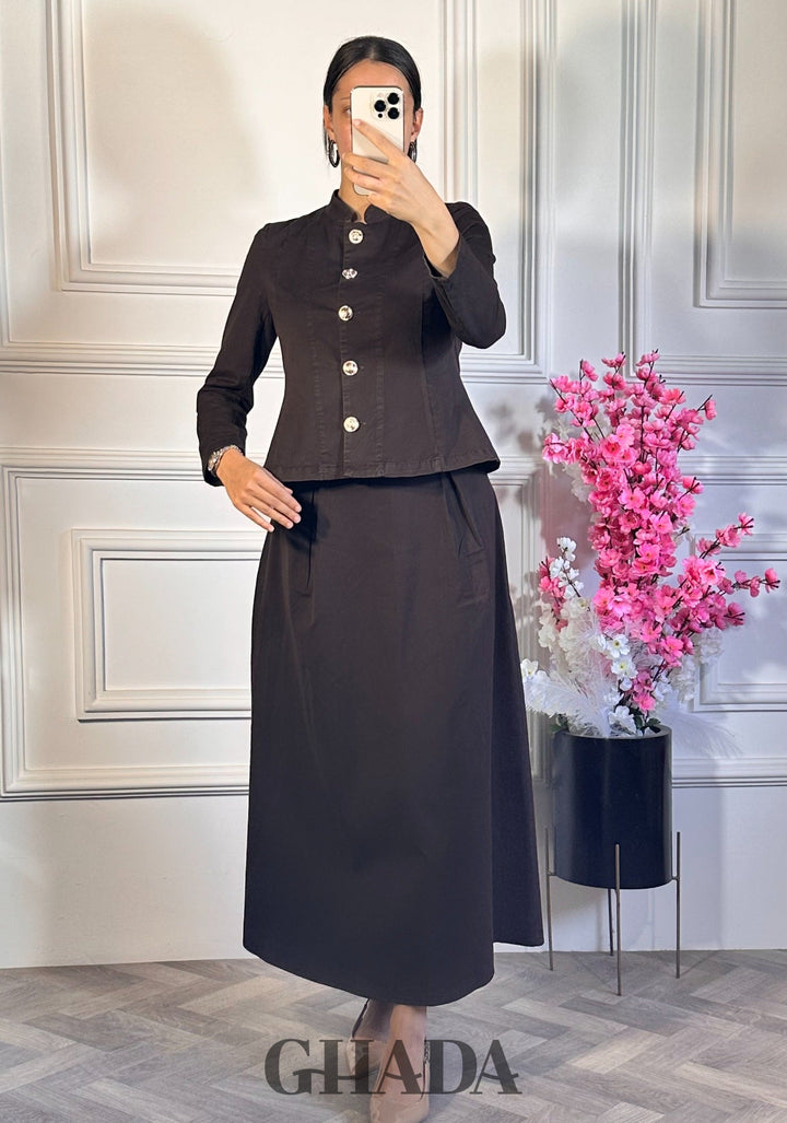 Ensemble veste boutonnée avec jupe - marron chocolat