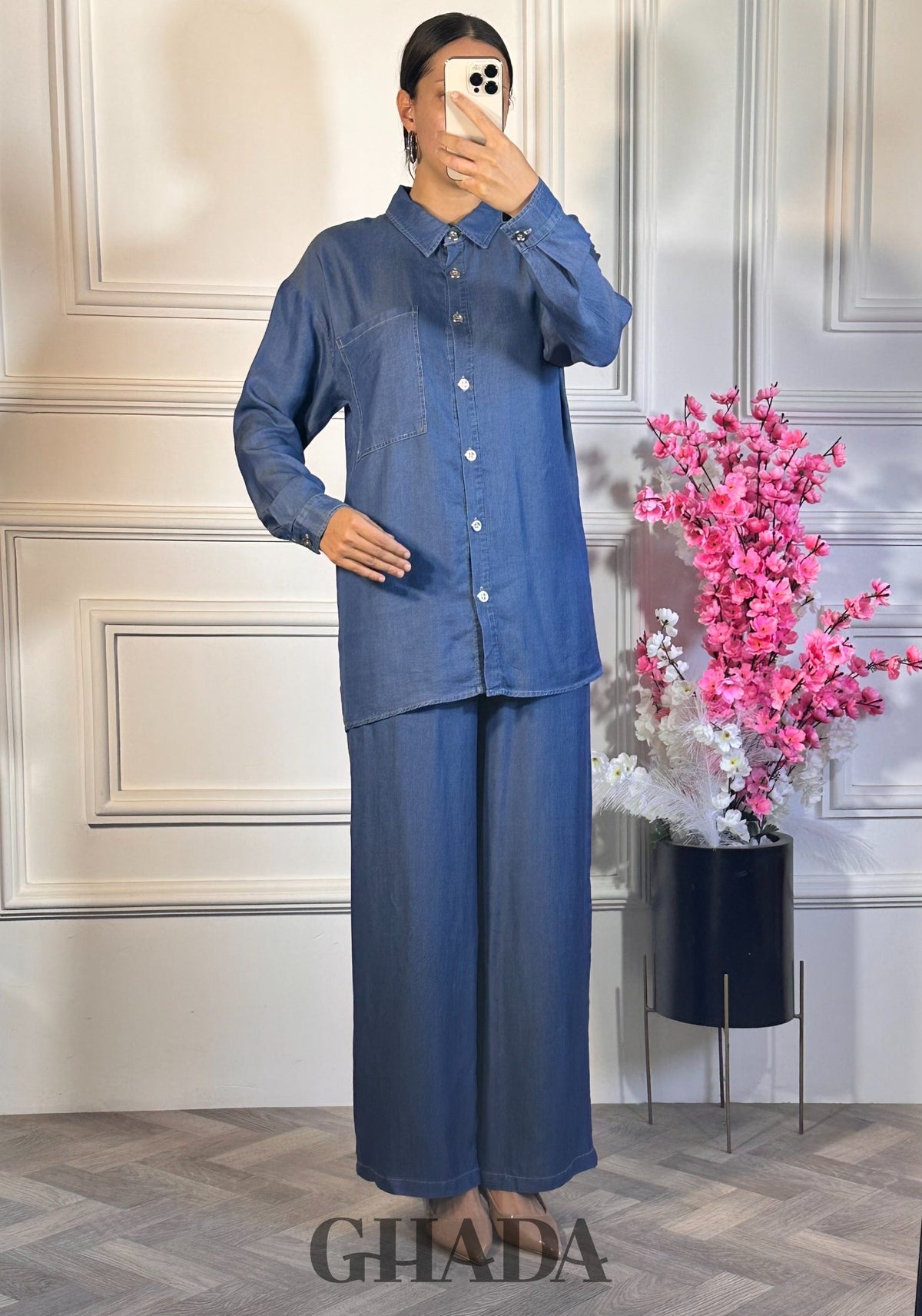 Ensemble chemise et pantalon  - Bleu Jean détail broderie - ensemble femme - GHADA FASHION