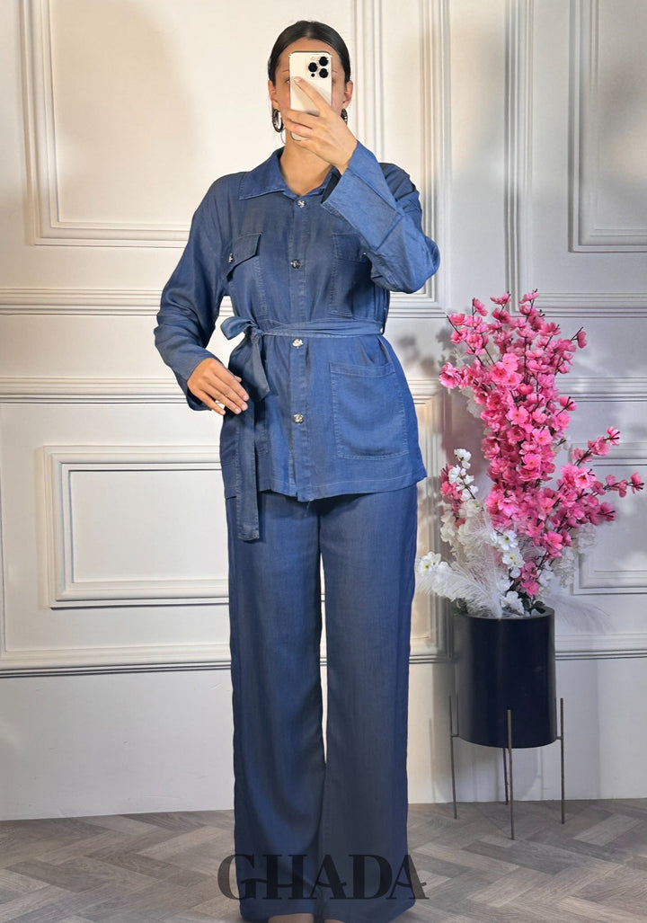 Ensemble chemise ceinturée et pantalon  - Bleu Jean