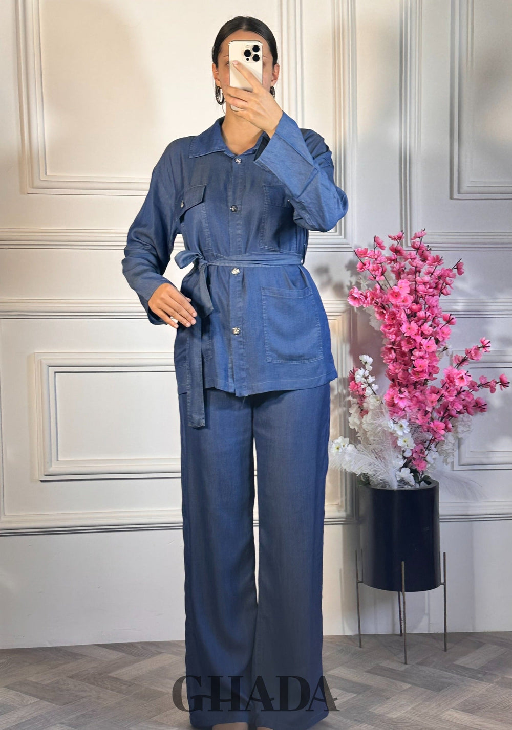 Ensemble chemise ceinturée et pantalon  - Bleu Jean