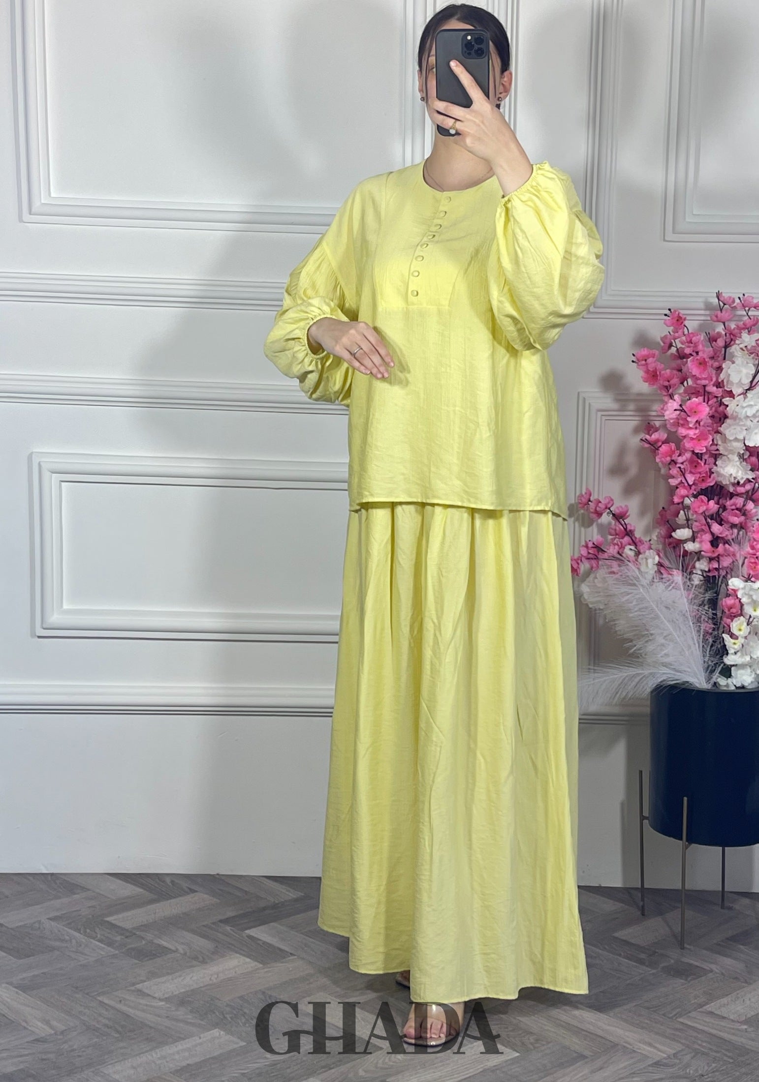 Ensemble avec jupe - Jaune détail broderie - ensemble femme - GHADA FASHION
