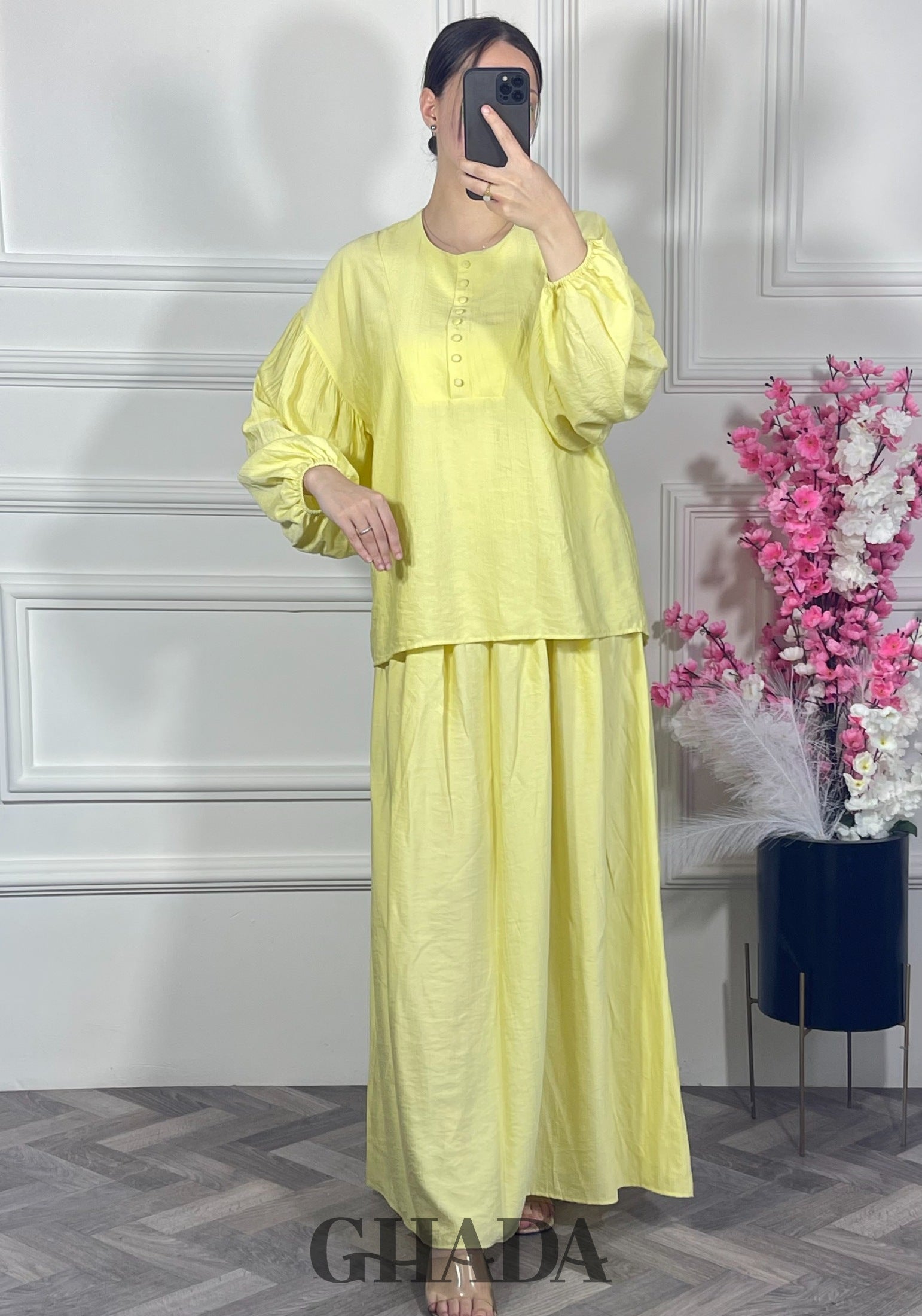 Ensemble avec jupe - Jaune zoom matière - ensemble femme - GHADA FASHION