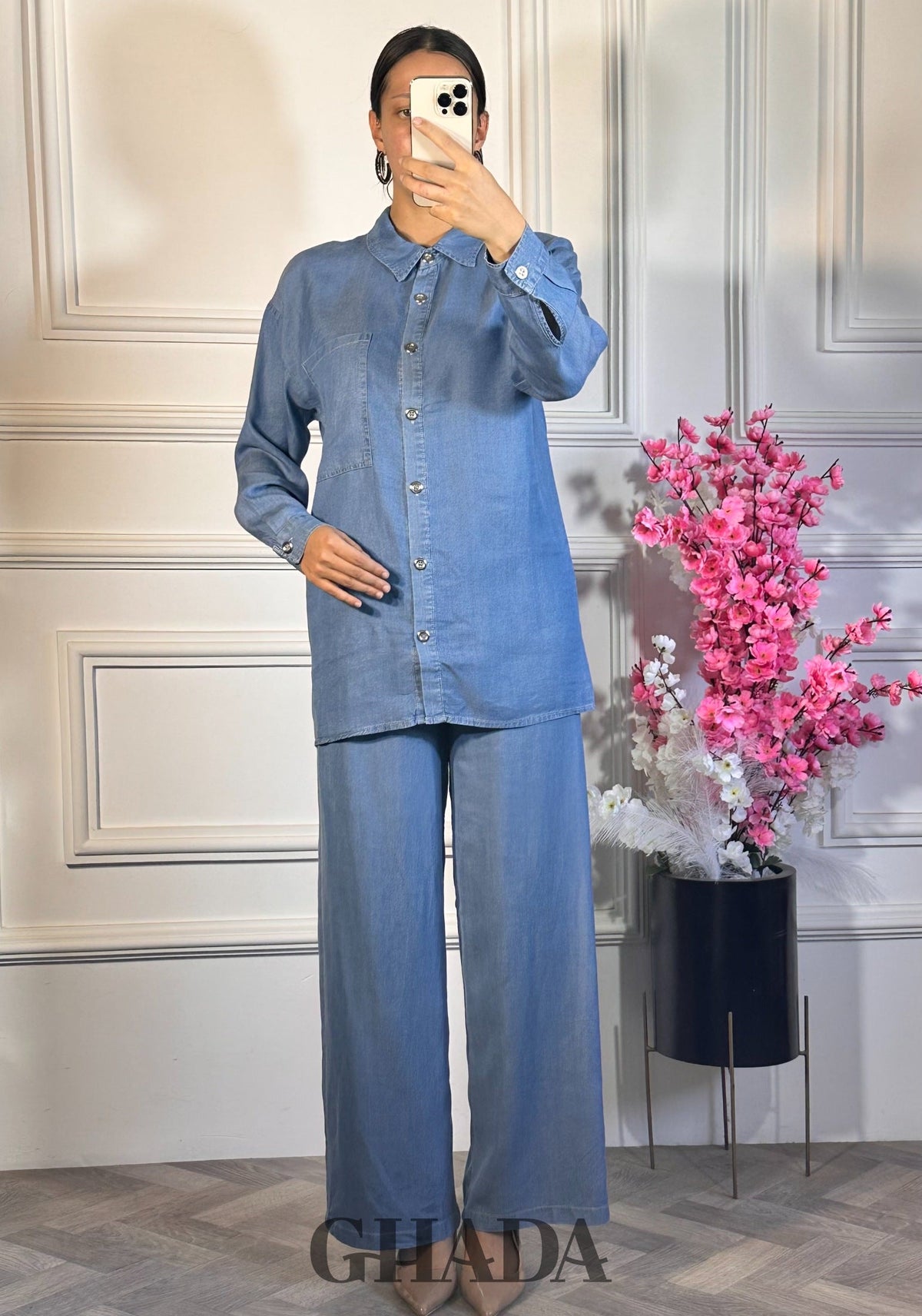 Ensemble chemise et pantalon  - Bleu Clair vue complète - ensemble femme - GHADA FASHION
