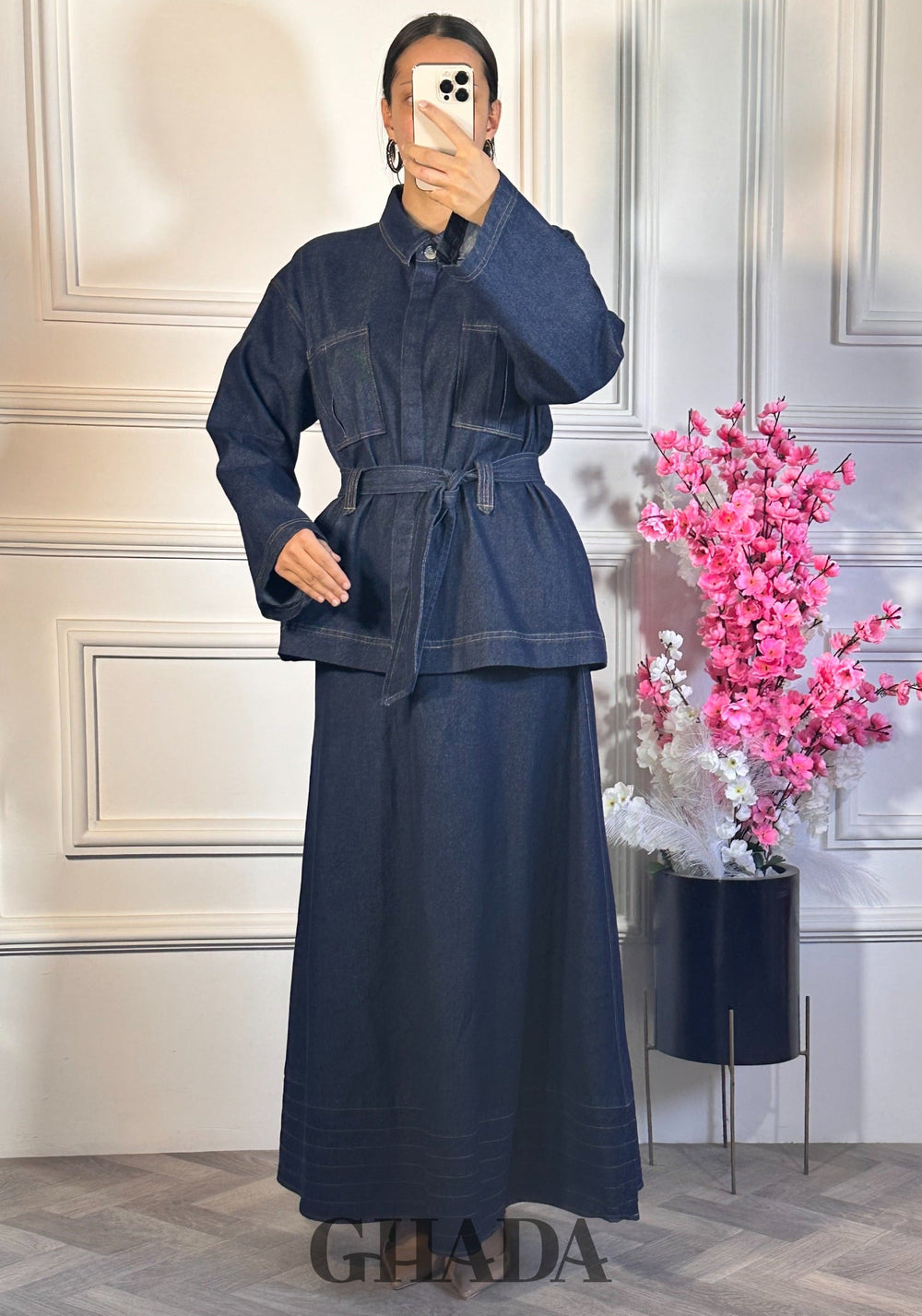 Ensemble veste ceinturée avec jupe - Bleu foncé