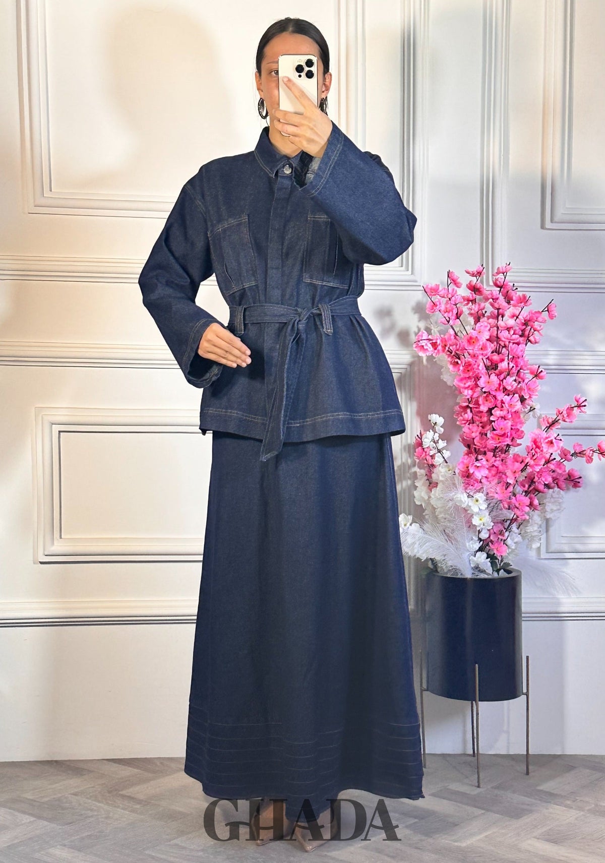 Ensemble veste ceinturée avec jupe - Bleu foncé vue de dos - ensemble femme - GHADA FASHION