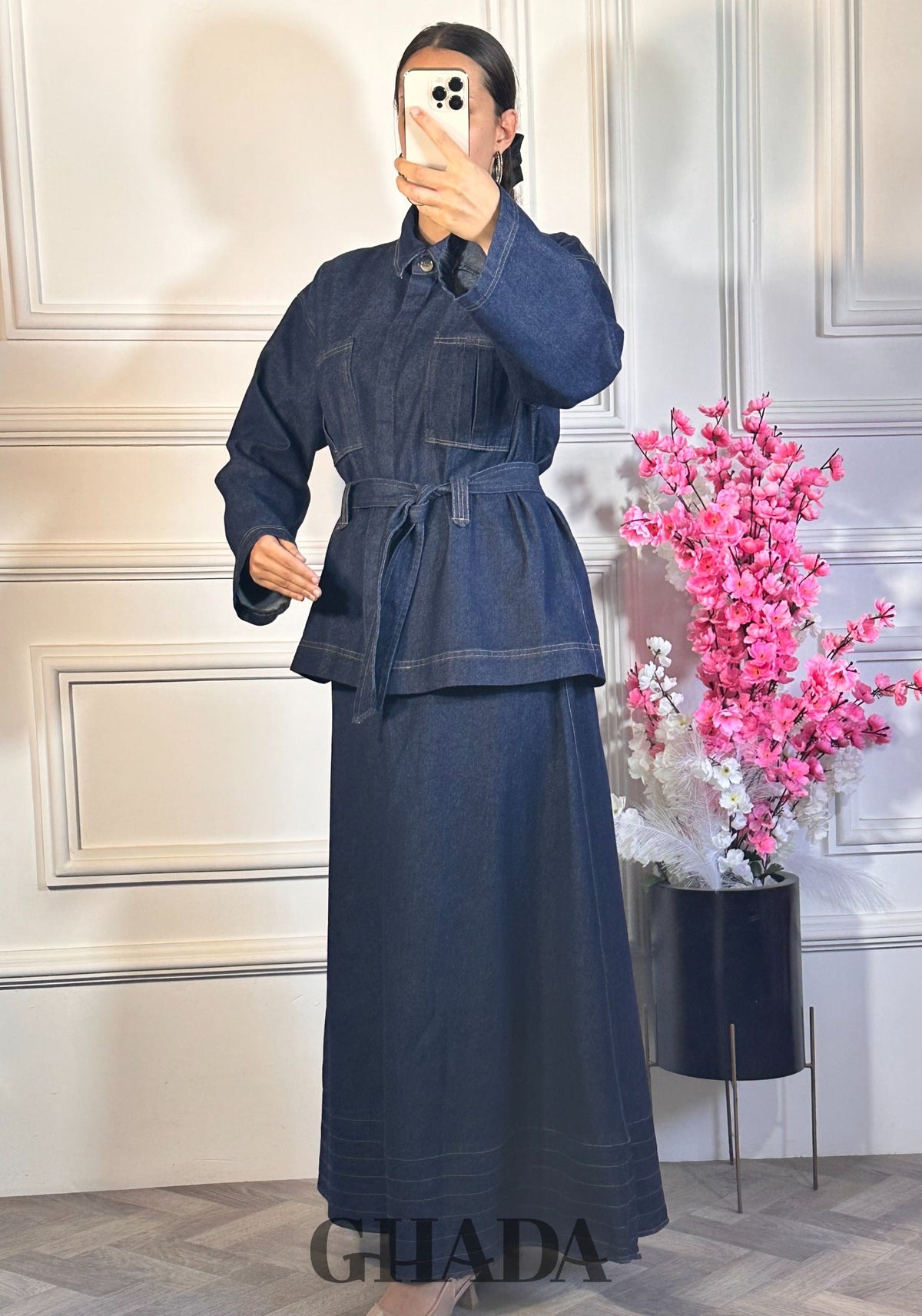 Ensemble veste ceinturée avec jupe - Bleu foncé détail broderie - ensemble femme - GHADA FASHION