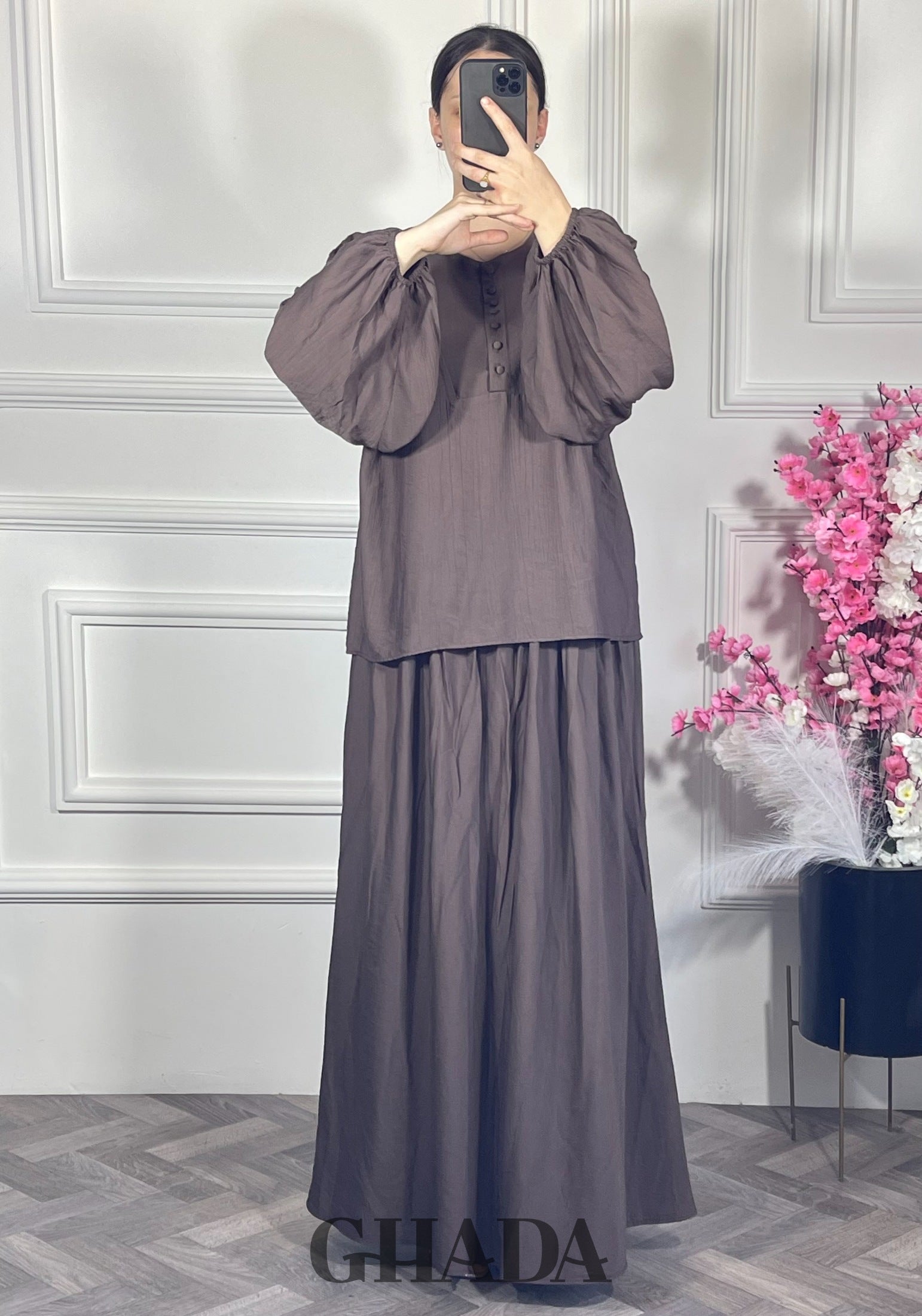 Ensemble avec jupe - Marron vue de dos - ensemble femme - GHADA FASHION