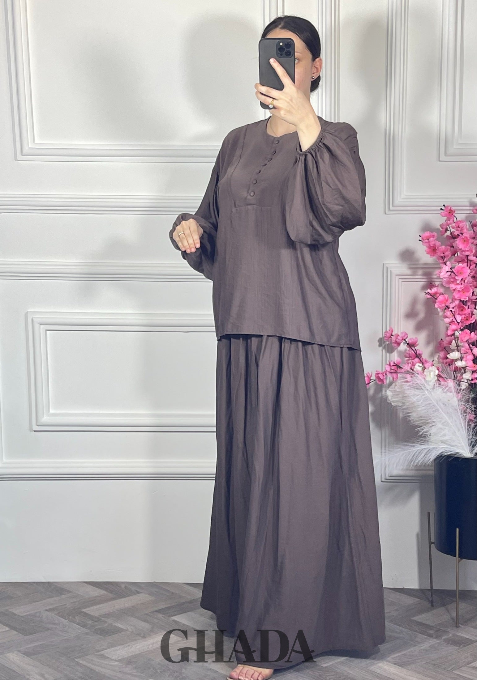 Ensemble avec jupe - Marron détail broderie - ensemble femme - GHADA FASHION