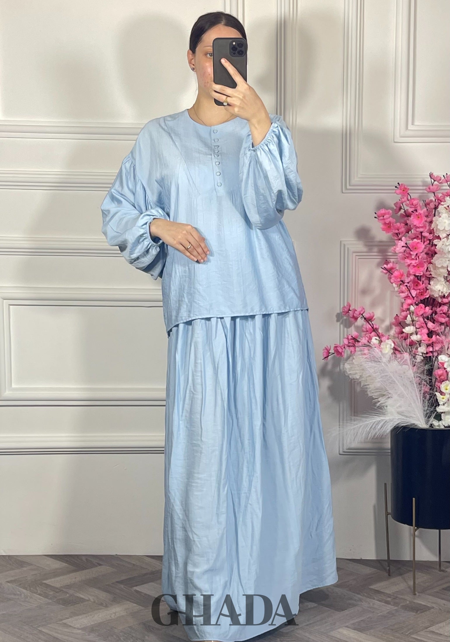 Ensemble avec jupe - Bleu ciel vue de dos - ensemble femme - GHADA FASHION