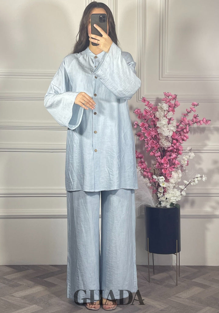 Ensemble brodé en lin  - Bleu ciel